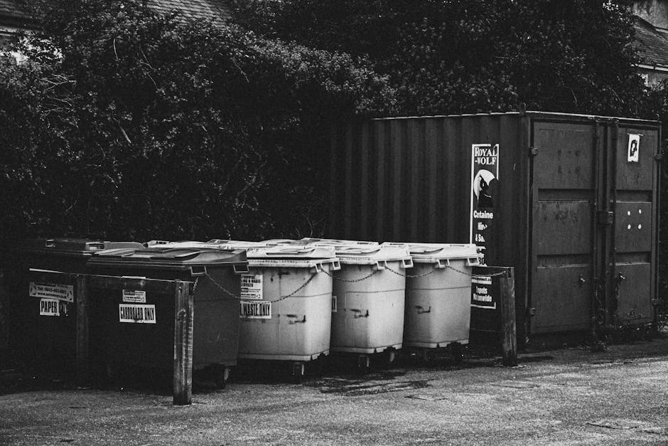 A row of seven large, wheeled rubbish bins with flat lids is positioned along a paved area near a corrugated metal container or small storage unit. The bins are made of plastic and have a smooth, slightly shiny surface, with some appearing slightly weathered or stained. The bins are arranged side by side, with three white waste bins in the middle flanked by darker, possibly black or dark gray bins labeled with waste type instructions such as 'PAPER' and 'GARDEN WASTE.' Behind the bins, there is a tall, dark corrugated metal container, possibly used for storage or waste collection, marked with a partially visible sticker and a logo of a lion. The scene is set outdoors, with dense foliage and trees in the background, casting shadows on the ground and creating a somewhat shaded environment. The lighting appears natural, with soft shadows indicating daylight. This setup suggests a designated area for waste collection or disposal, possibly managed by an independent waste removal service such as Rubbish Clearance Chiswick, providing an alternative to council-run rubbish collection for garden and general waste disposal.